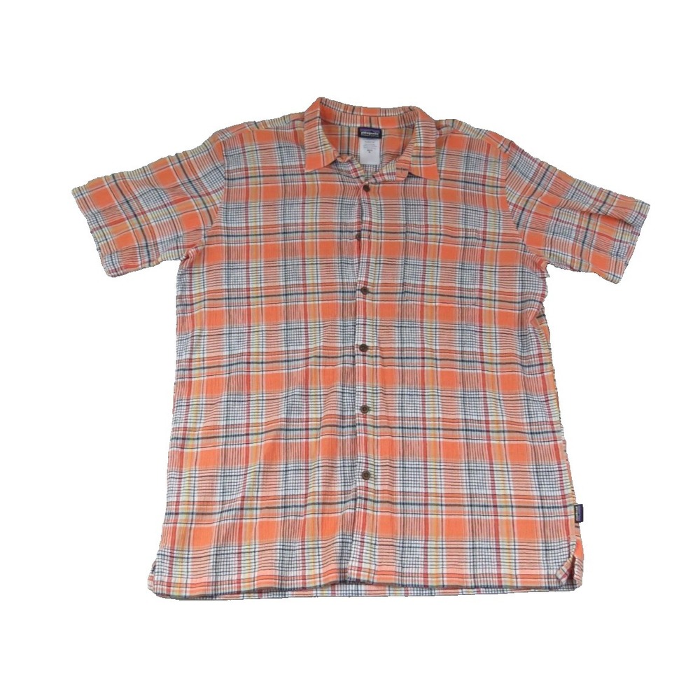 Patagonia AC Shirt Plaid Organic Cotton Mens XL Orange‎ Blue Short Sleeve Button